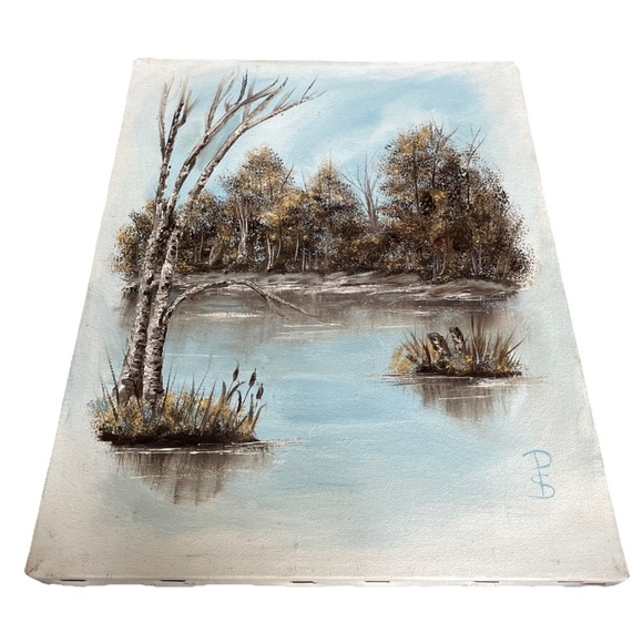 Scenic Landscape Canvas Art Vintage 90's Fredrix Frame Artist Signed Lake Nature - Picture 1 of 8